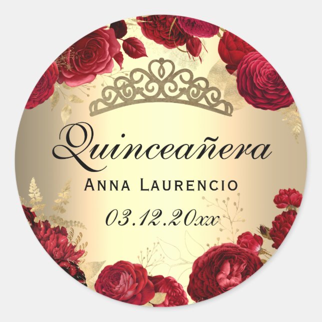 Red Floral Roses Gold Quinceanera Classic Round Sticker (Front)