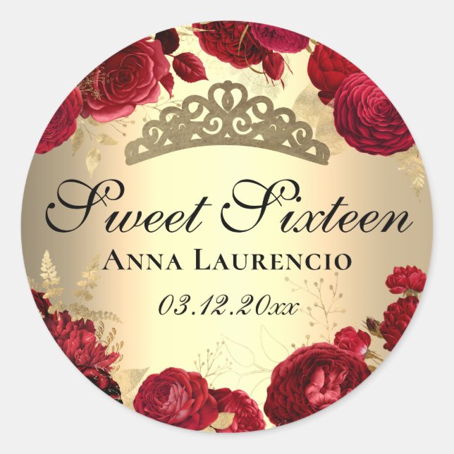 Red Floral Roses Gold Sweet Sixteen Classic Round Sticker (Front)