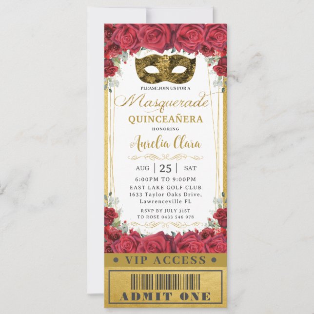 Red Floral Roses Quinceañera Masquerade VIP Ticket Invitation (Front)