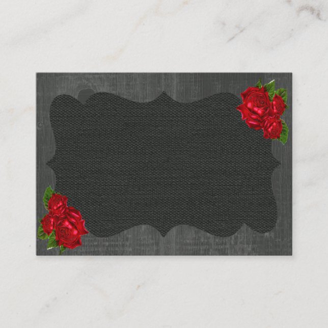 Red Floral Roses Wood Gothic Wedding Place Cards (Front)