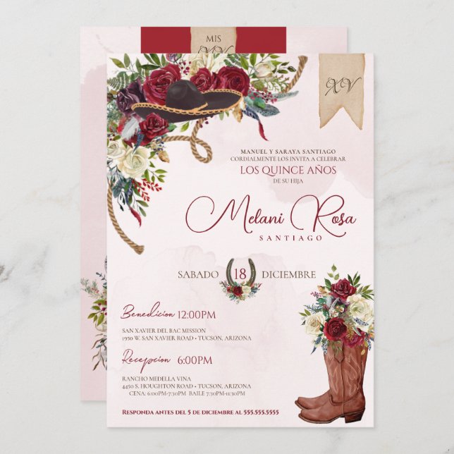 Red Floral Rustic Charro Spanish Quinceanera Invitation (Front/Back)
