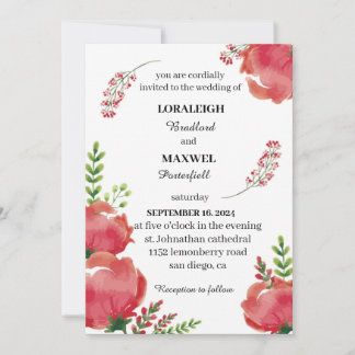 Red Floral Rustic Elegant White Wedding Invitation