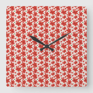 Red Floral Seamless Pattern Cute Retro Flower Square Wall Clock