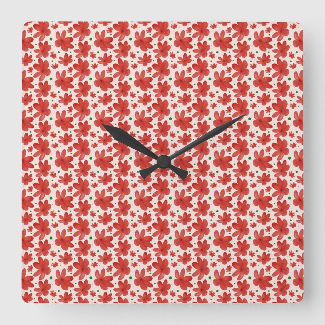 Red Floral Seamless Pattern Cute Retro Flower  Square Wall Clock (Front)