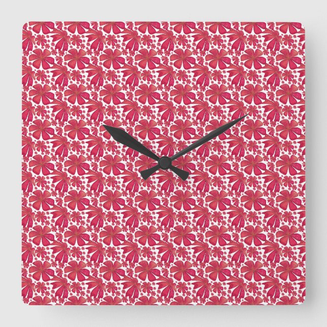 Red Floral Seamless Pattern, Elegant Flower Repeat Square Wall Clock (Front)