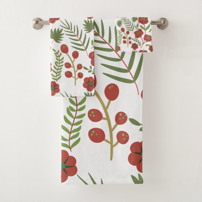 Red floral seamless pattern on white background bath towel set (Insitu)