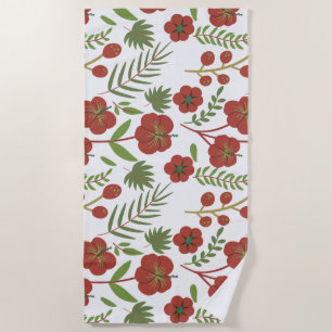 Red floral seamless pattern on white background beach towel