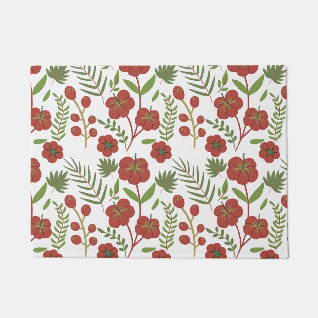 Red floral seamless pattern on white background doormat (Front)