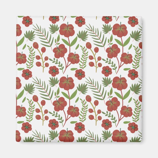 Red floral seamless pattern on white background magnet (Front)