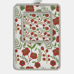 Red floral seamless pattern on white background silver plated framed ornament