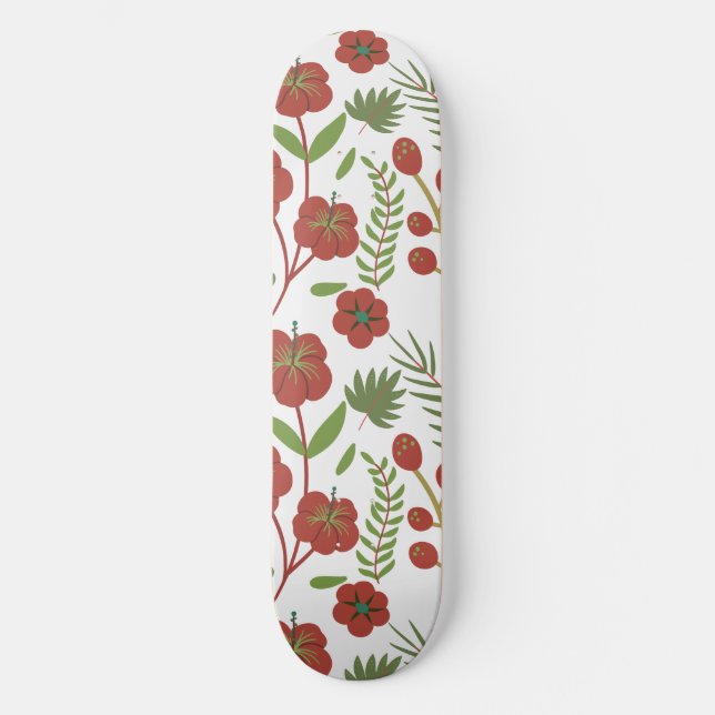 Red floral seamless pattern on white background skateboard (Front)