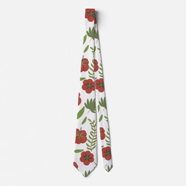 Red floral seamless pattern on white background tie (Front)
