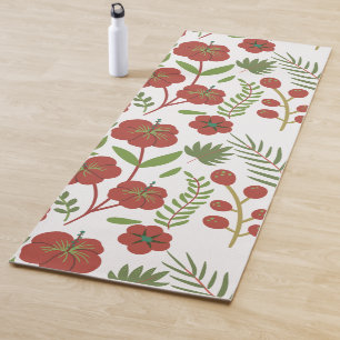 Red floral seamless pattern on white background yoga mat