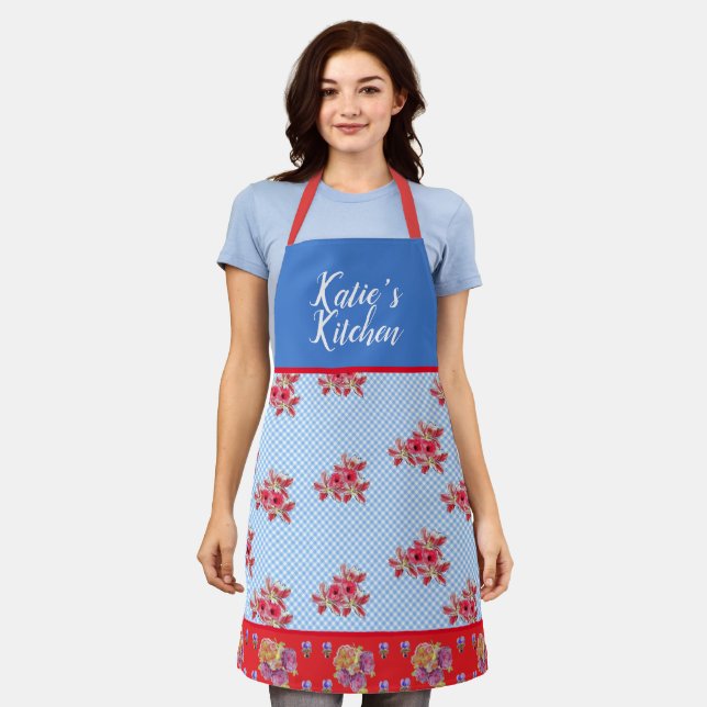Red Floral Shabby Chic Blue Gingham Customisable Apron (Worn)