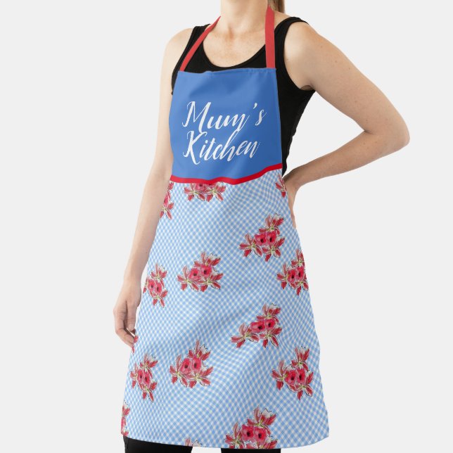 Red Floral Shabby Chic Blue Gingham Mums Kitchen A Apron (Insitu)