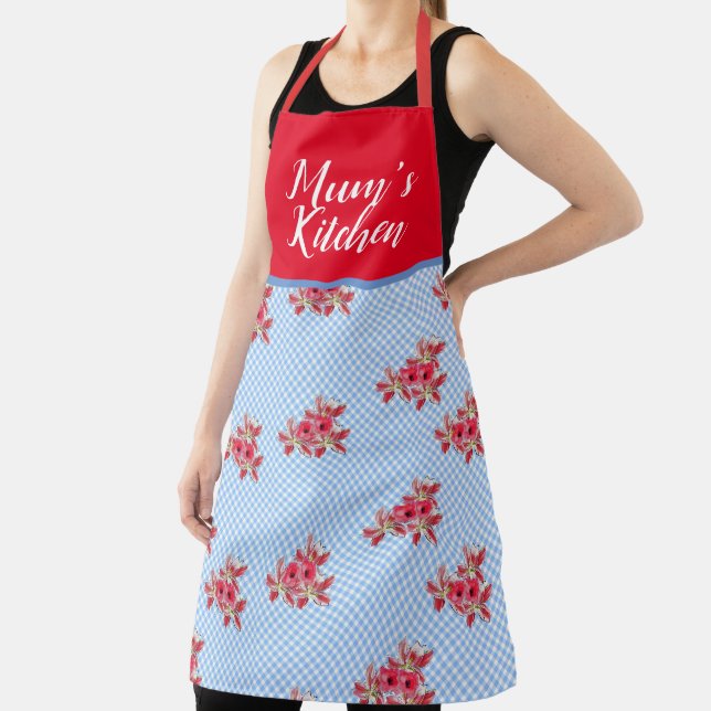 Red Floral Shabby Chic Blue Gingham Mums Kitchen Apron (Insitu)