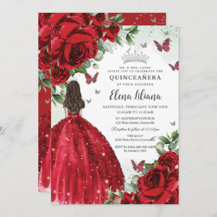 Red Floral Silver Butterflies Quinceañera Sweet 16 Invitation