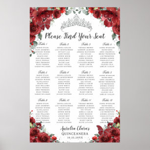 Red Floral Silver Quinceañera Mis 15 Años Seating Poster