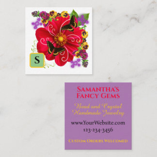 Red Floral Small Business Handmade Art Vendor  Square Business Card