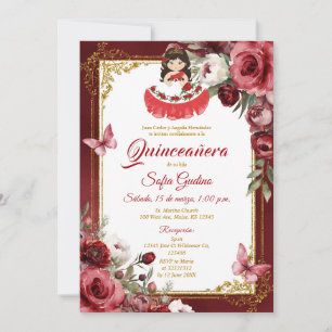 RED Floral Spanish Cute Girl Quinceañera Butterfly Invitation