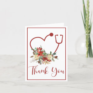 Red Floral Stethoscope Heart Christmas Thank You Card