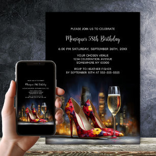 Red Floral Stiletto Shoes Birthday Party Invitation