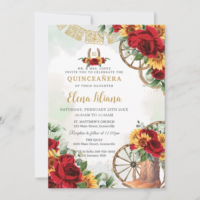 Red Floral Sunflowers Boots Horseshoe Quinceañera Invitation (Front)