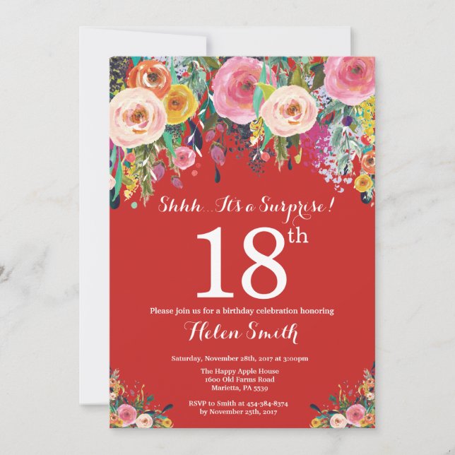 Red Floral Surprise 18th Birthday Invitation (Front)