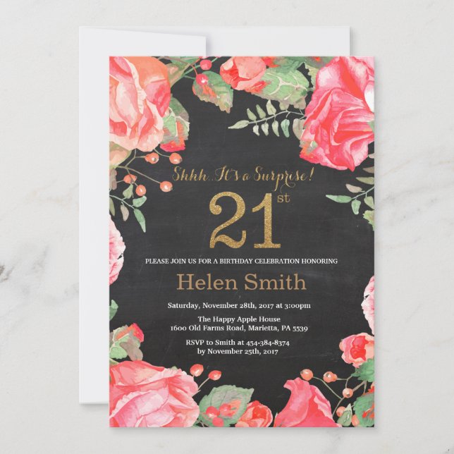 Red Floral Surprise 21st Birthday Gold Glitter Invitation (Front)