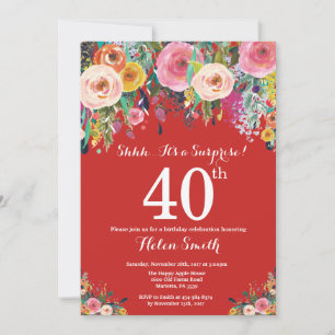 Red Floral Surprise 40th Birthday Invitation