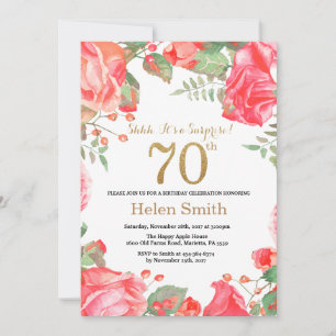 Red Floral Surprise 70th Birthday Gold Glitter Invitation