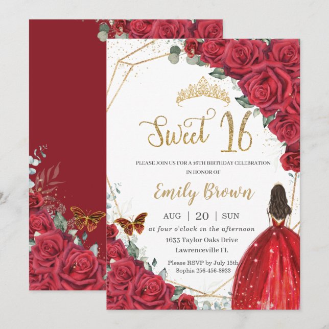 Red Floral Sweet Sixteen Birthday Princess Crown  Invitation (Front/Back)