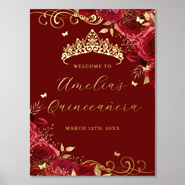 Red Floral Swirl Foil Quinceanera Welcome Sign  (Front)