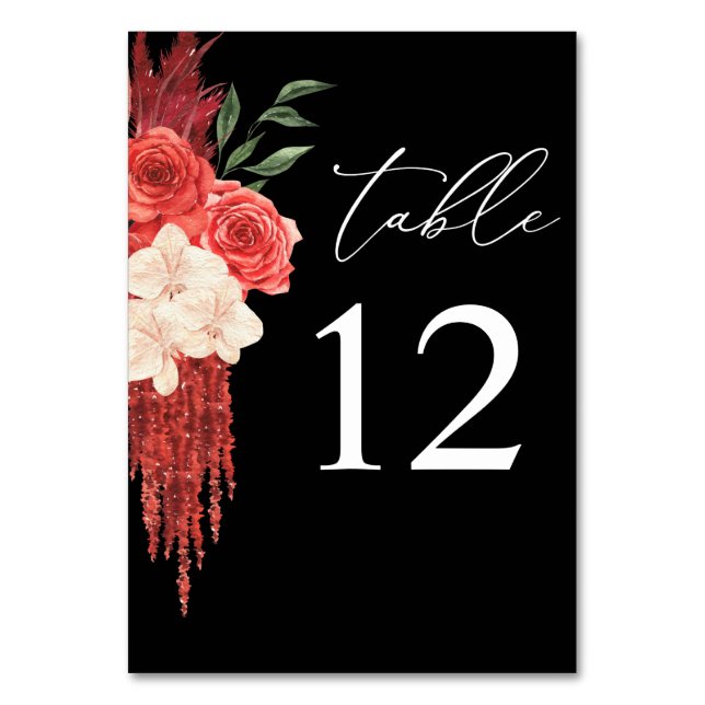 Red Floral Table Number - Black (Front)