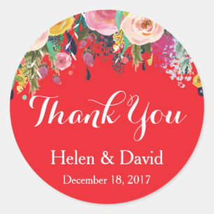 Red Floral Thank You Wedding Favour Stickers