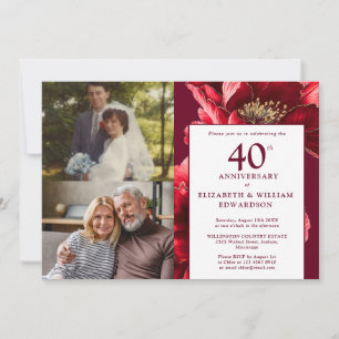 Red Floral Then And Now 40th Anniversary 2 Photo Invitation