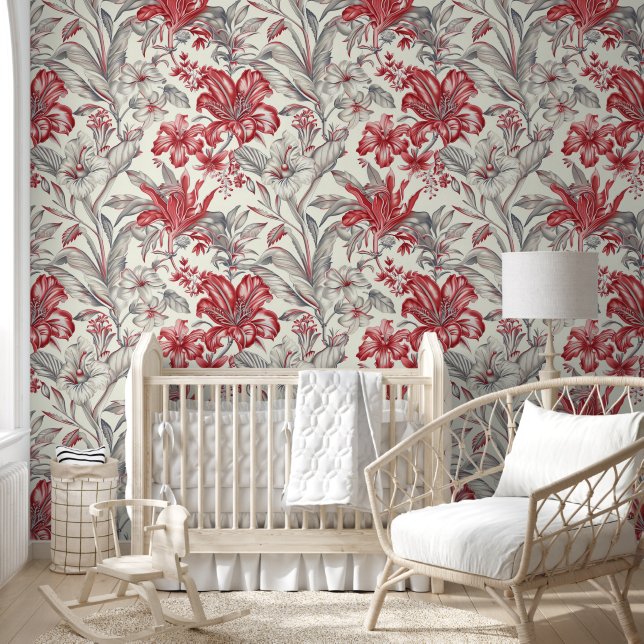 Red Floral Toile Vintage Elegant Wallpaper (Kids)