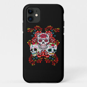 Red Floral Triple Sugar Skull Day Of The Dead iPhone 11 Case