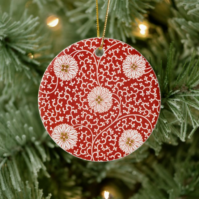 Red Floral Vibrant Ornate Classic Pattern Ceramic Ornament (Tree)