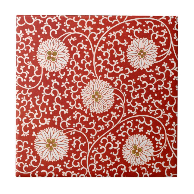 Red Floral Vibrant Ornate Classic Pattern Ceramic Tile (Front)