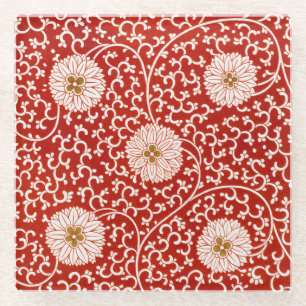 Red Floral Vibrant Ornate Classic Pattern Glass Coaster