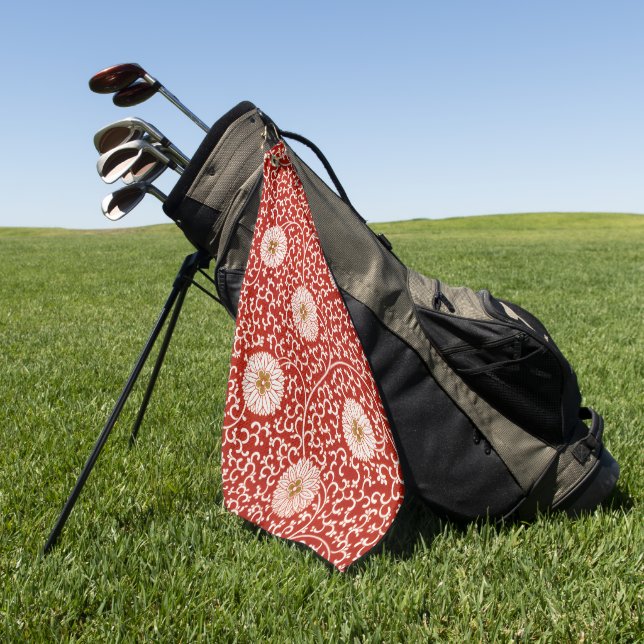 Red Floral Vibrant Ornate Classic Pattern Golf Towel (Green)