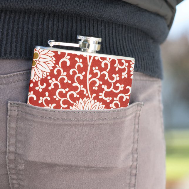 Red Floral Vibrant Ornate Classic Pattern Hip Flask (In Situ)
