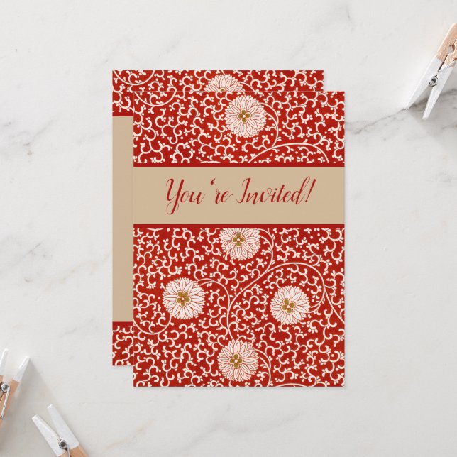 Red Floral Vibrant Ornate Classic Pattern Invitation (Front/Back In Situ)
