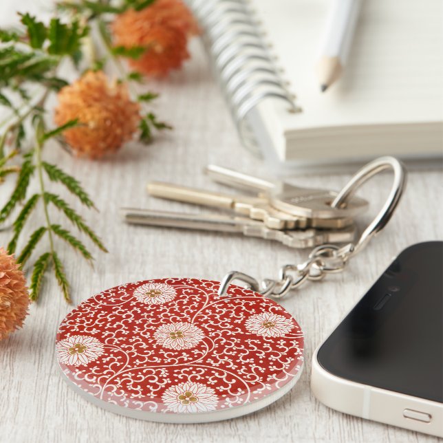 Red Floral Vibrant Ornate Classic Pattern Key Ring (Front Right)