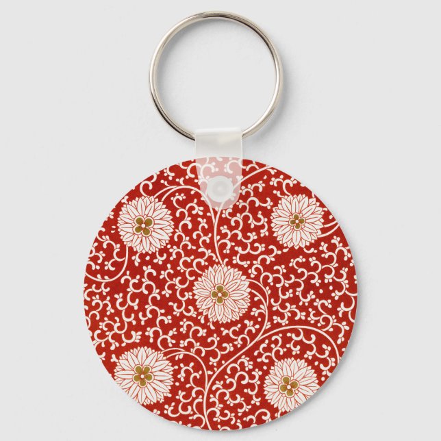 Red Floral Vibrant Ornate Classic Pattern Key Ring (Front)