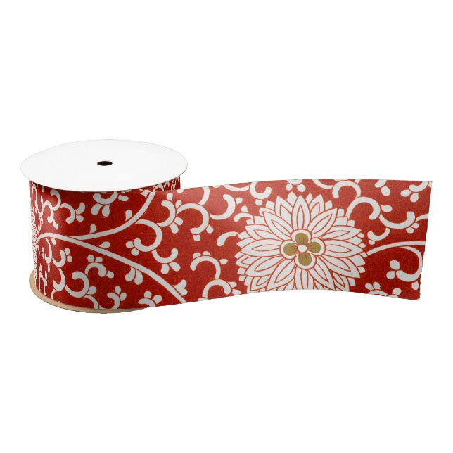 Red Floral Vibrant Ornate Classic Pattern Satin Ribbon (Spool)