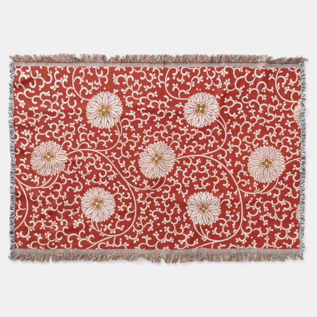 Red Floral Vibrant Ornate Classic Pattern Throw Blanket (Front)