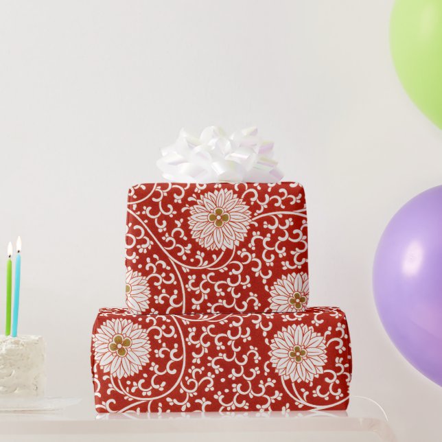 Red Floral Vibrant Ornate Classic Pattern Wrapping Paper (Party Gifts)