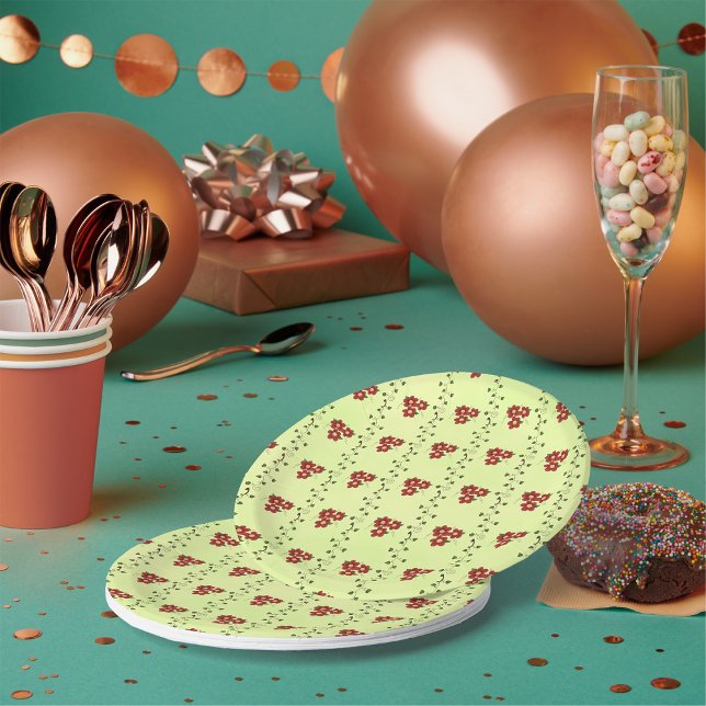 Red Floral Vine Pattern on Light Green Paper Plate (Creator Uploaded)